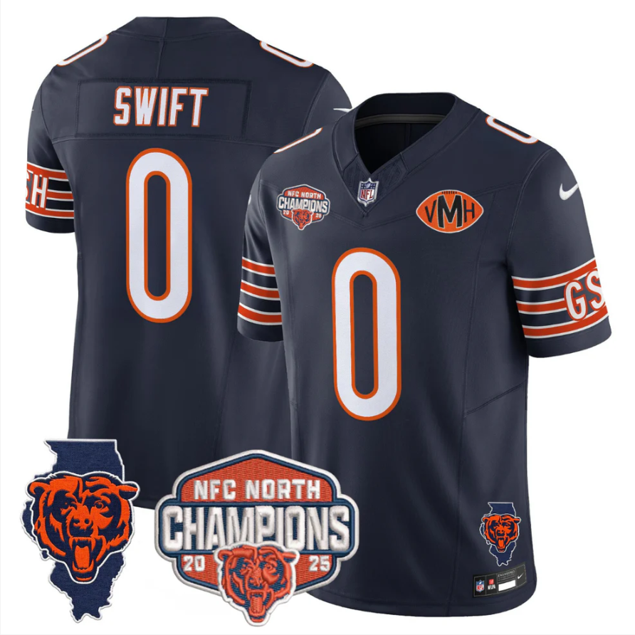 D'Andre Swift Jersey #0 NFC North Champions Patch 2025 V2 Stitched Navy ALternate