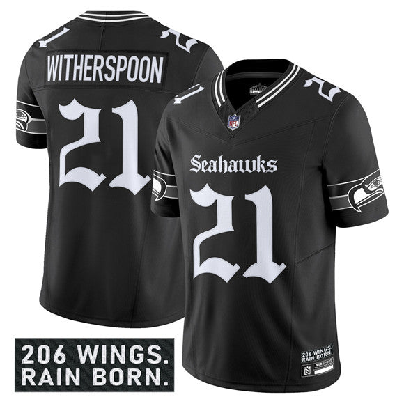 Devon Witherspoon Jersey #21 Black 2025 F.U.S.E. Gothic Rain City Shadows