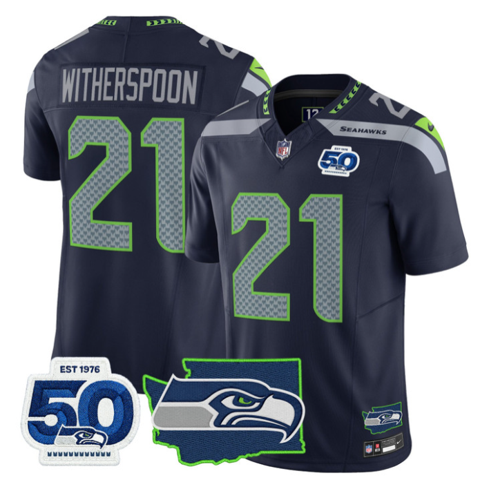 Devon Witherspoon Jersey #21 Seahawks 50th Anniversary Patch Stitched Navy