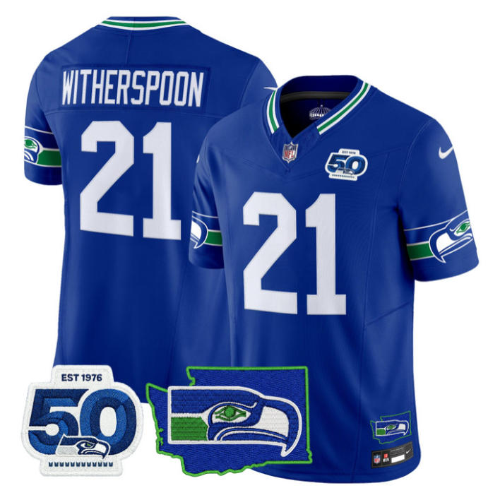 Devon Witherspoon Jersey #21 Seahawks 50th Anniversary Patch Stitched Royal