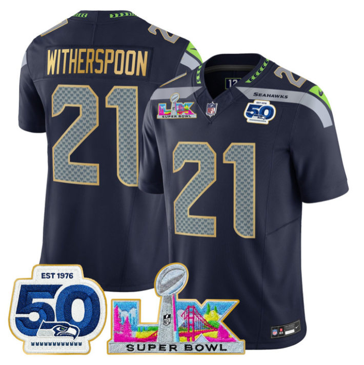 Devon Witherspoon Jersey #21 Super Bowl LX & 50th Patch Gold Trim Stitched