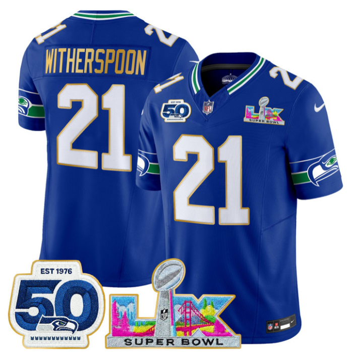 Devon Witherspoon Jersey #21 Super Bowl LX & 50th Patch Gold Trim Stitched