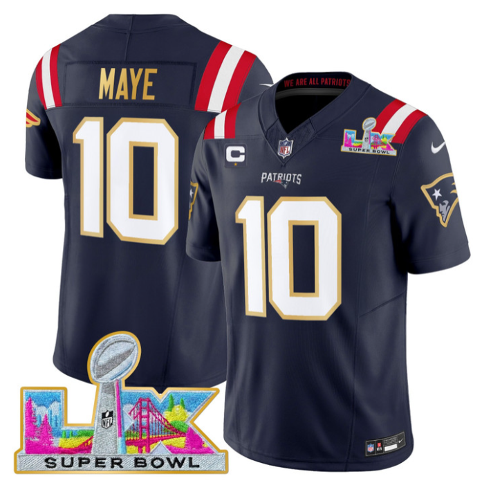 Drake Maye Jersey #10 Patriots Super Bowl LX Gold Trim All Stitched