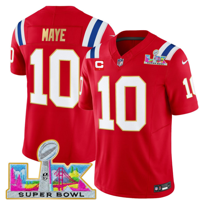 Drake Maye Jersey #10 Patriots Super Bowl LX Gold Trim All Stitched