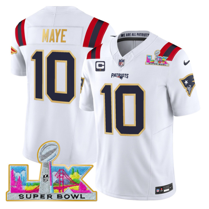 Drake Maye Jersey #10 Patriots Super Bowl LX Gold Trim All Stitched