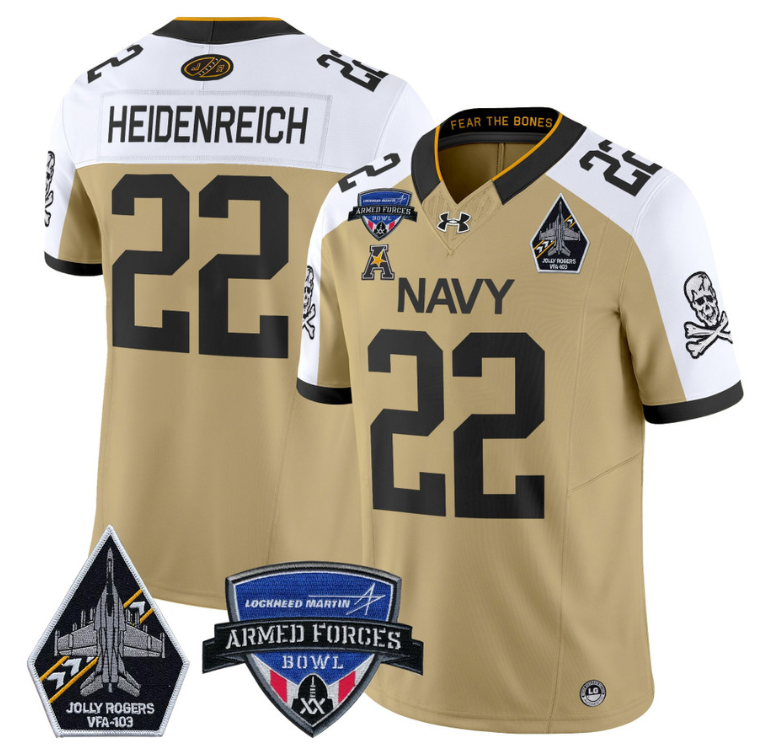 Eli Heidenreich Jersey #22 Navy Midshipmen 2025 Armed Forces Bowl Gold Alternate