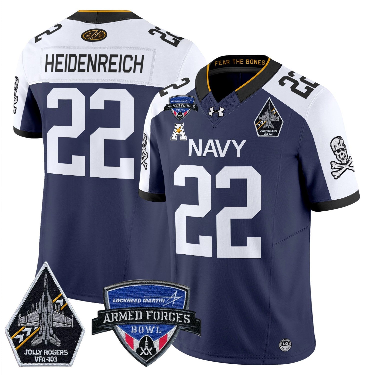 Eli Heidenreich Jersey #22 Navy Midshipmen 2025 Armed Forces Bowl Patch Navy Alternate