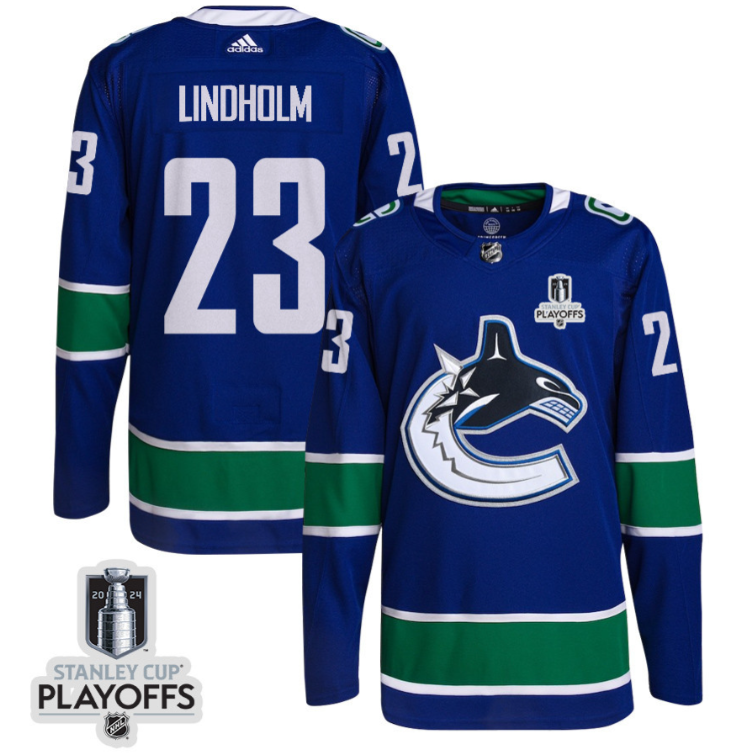 Elias Lindholm 23 Vancouver Canucks 2024 NHL Playoffs Patch Home Jersey - Men, Blue