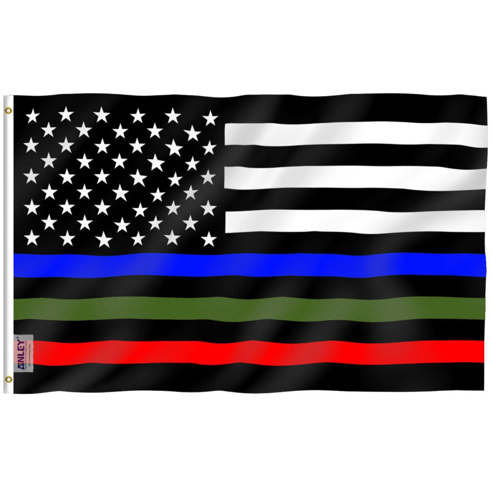 Fly Breeze Thin Blue Red and Green Line USA Flag with Brass Grommets 3X5Ft Banner USA Polyester