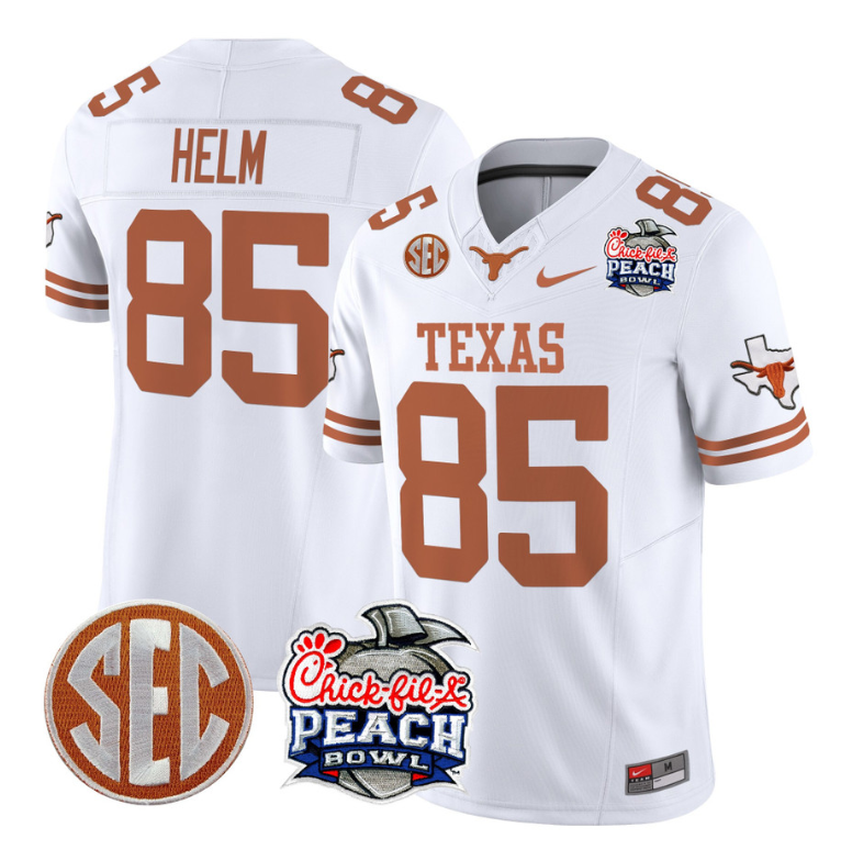 Gunnar Helm Jersey #85 Texas Longhorns Peach Bowl Patch Vapor White