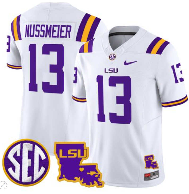 Garrett Nussmeier Jersey #13 LSU Tigers 2024 Louisiana Patch Vapor Limited College Football Stitched White (Copy)