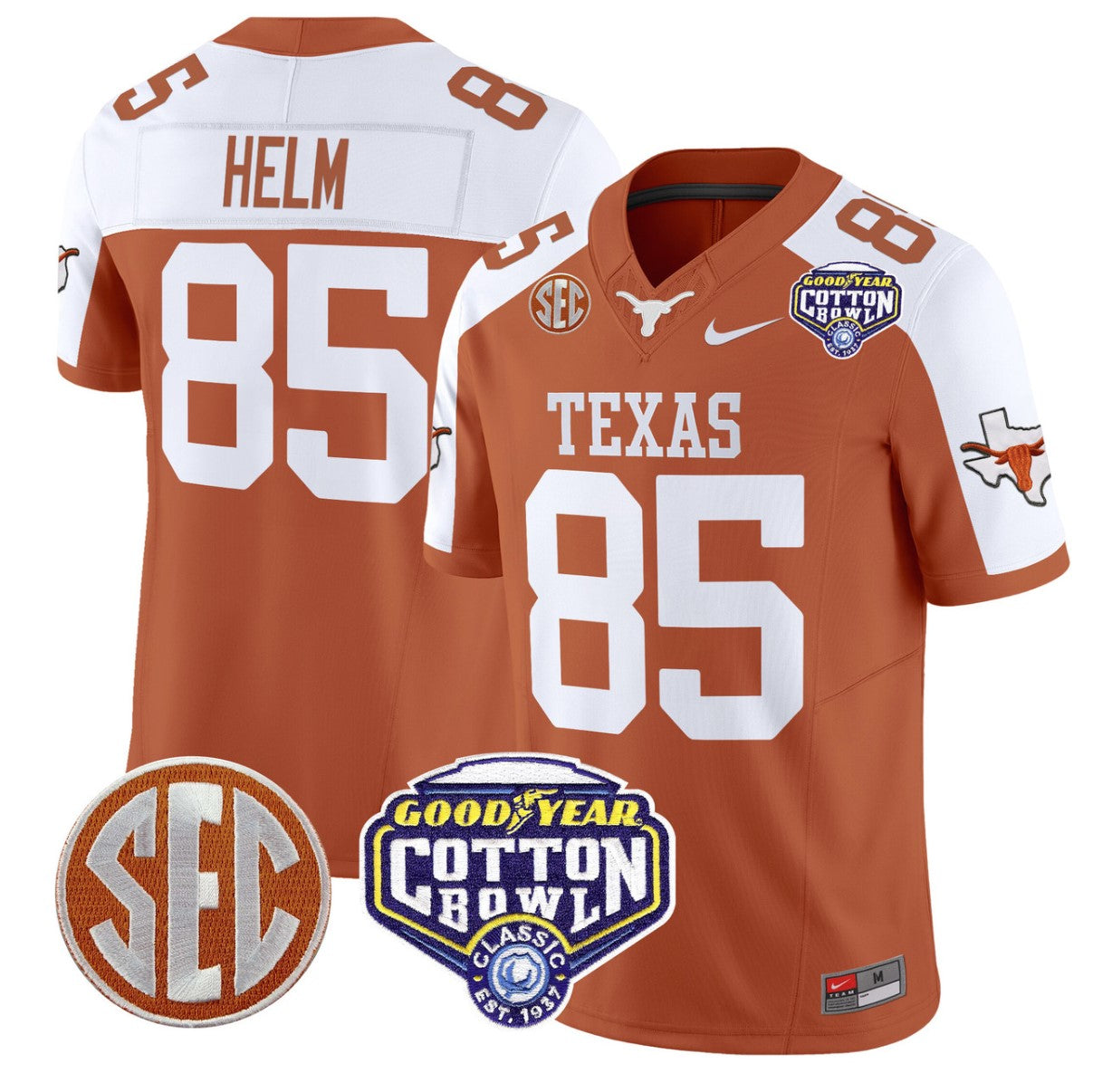 Gunnar Helm Jersey #85 Texas Longhorns Cotton Bowl Patch Stitched Split