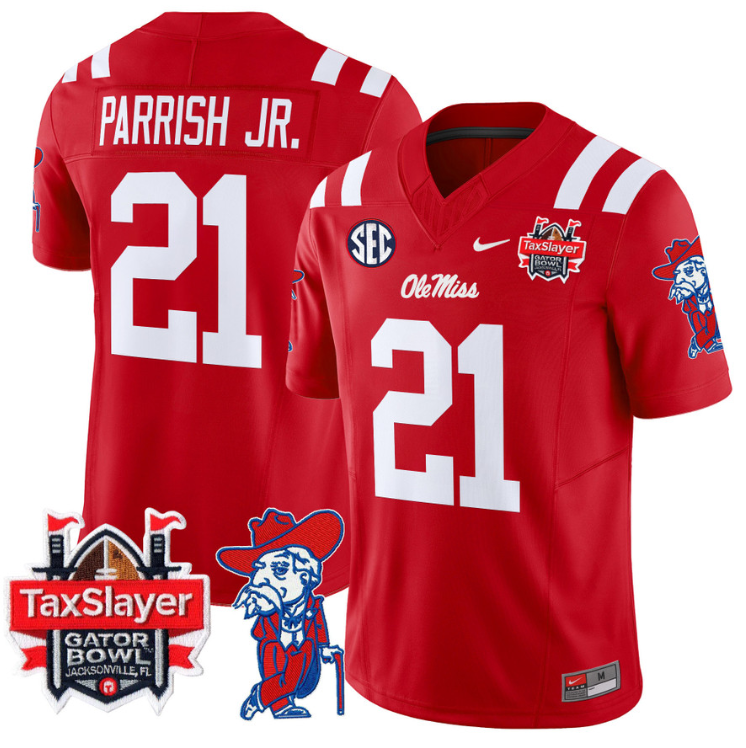 Henry Parrish Jr Jersey #21 Ole Miss Rebels 2025 Gator Bowl Patch Red