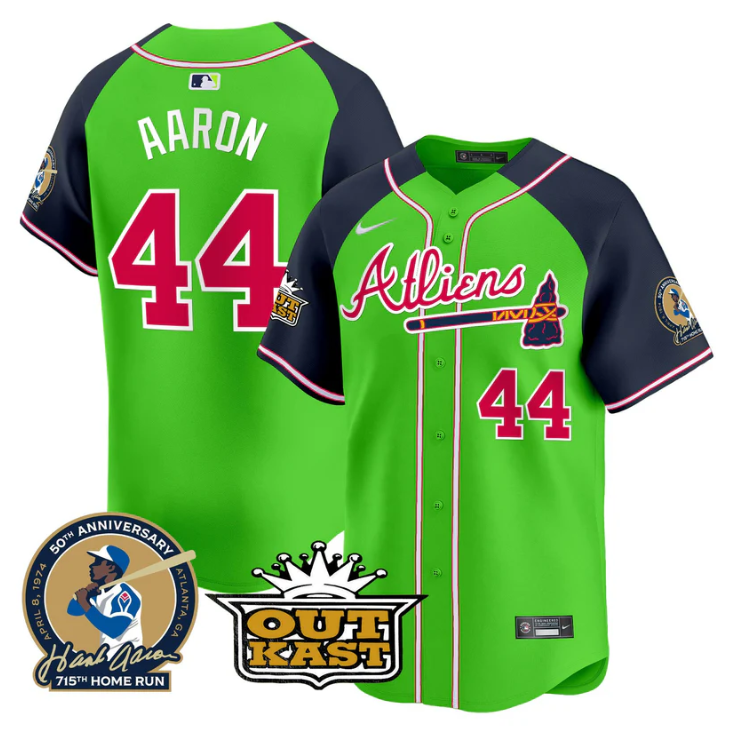 Hank Aaron Jersey #44 Atlanta Braves Atliens Patch Limited Stitched Green Alternate