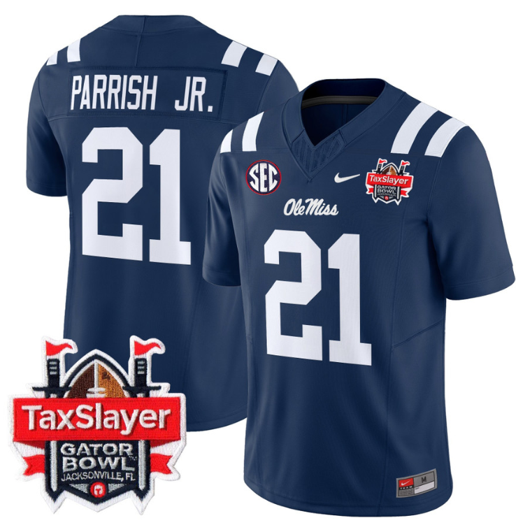 Henry Parrish Jr Jersey #21 Ole Miss Rebels 2024 Gator Bowl V2 Navy