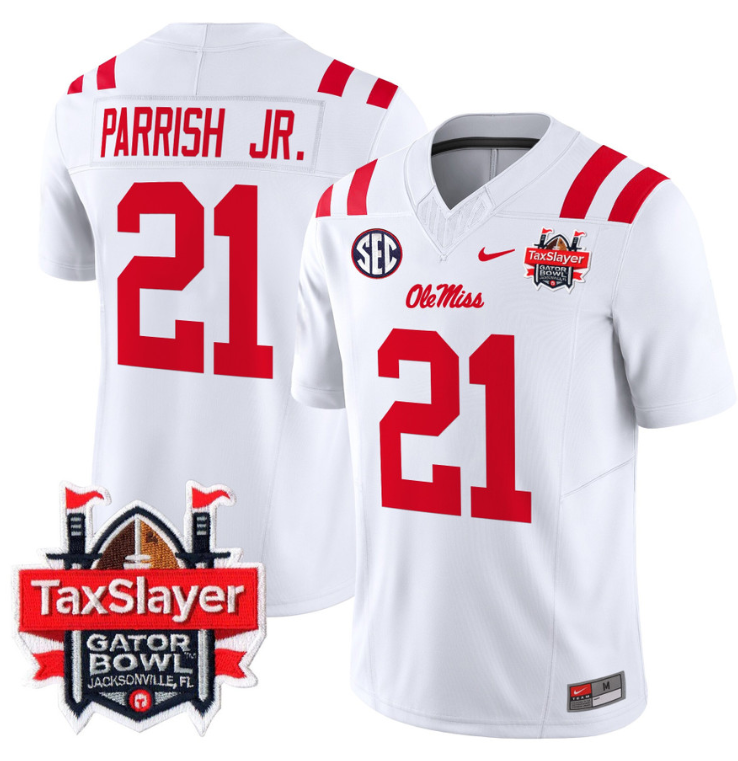 Henry Parrish Jr Jersey #21 Ole Miss Rebels 2024 Gator Bowl V2 White