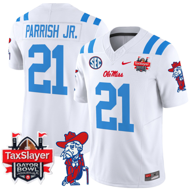 Henry Parrish Jr Jersey #21 Ole Miss Rebels 2025 Gator Bowl Patch 2024 White