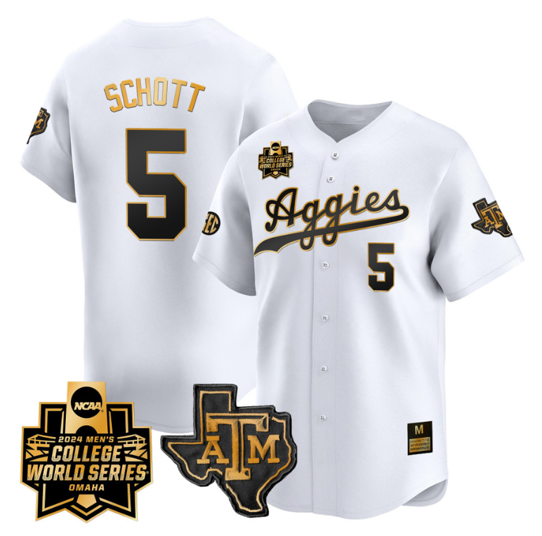 Hayden Schott Jersey #5 Texas AM Aggies 2024 College World Series Vapor Premier Limited NCAA Baseball Stitched White Gold