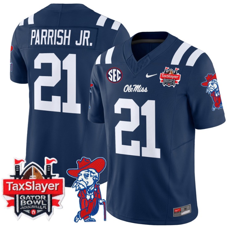 Henry Parrish Jr Jersey #21 Ole Miss Rebels 2025 Gator Bowl Patch Navy