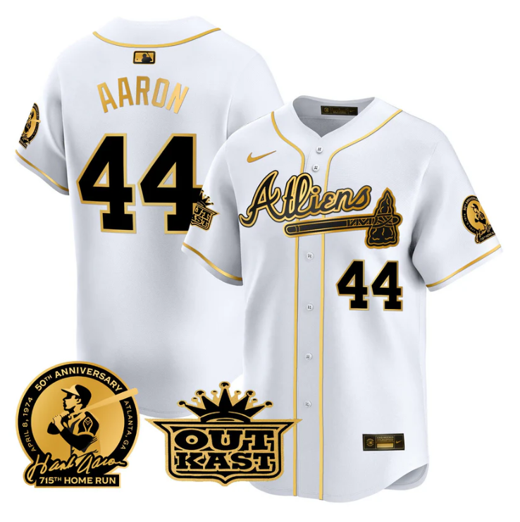 Hank Aaron Jersey #44 Atlanta Braves Atliens Patch Limited Stitched White Gold