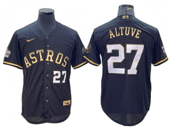 Houston Astros #27 Jose Altuve Black Gold wWorld Series Patch Jersey