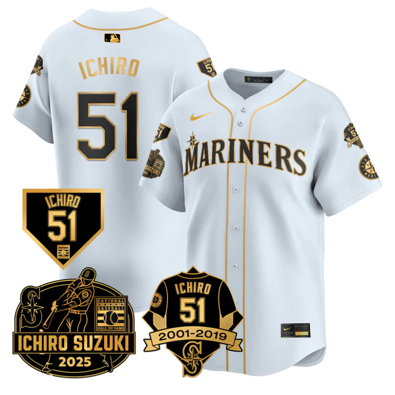 Ichiro Suzuki Jersey #51 Seattle Mariners Ichiro Suzuki Stitched White Gold