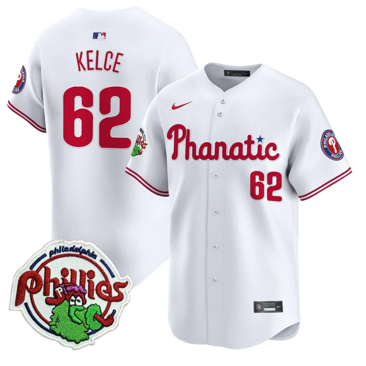 Jason Kelce Jersey #62 Phillies Phanatic Patch Vapor Premier Limited Stitched White