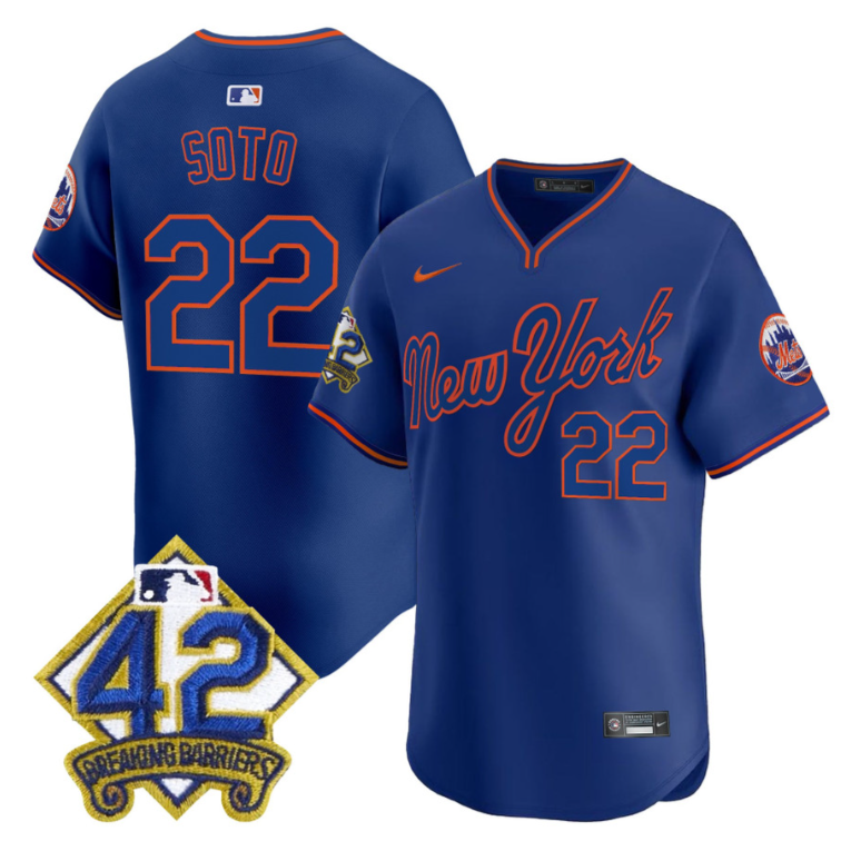 Juan Soto Jersey #22 New York Mets 2025 Jackie Robinson Patch Road Alternate Stitched Royal