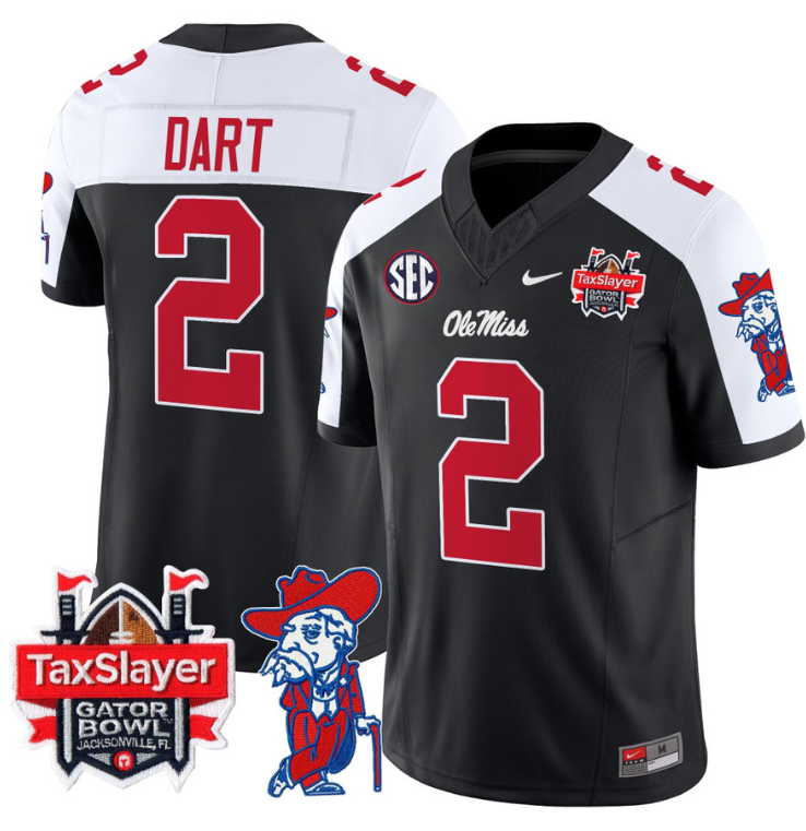 Jaxson Dart Jersey #2 Ole Miss Rebels 2024 Gator Bowl Patch V2 Black Alternate