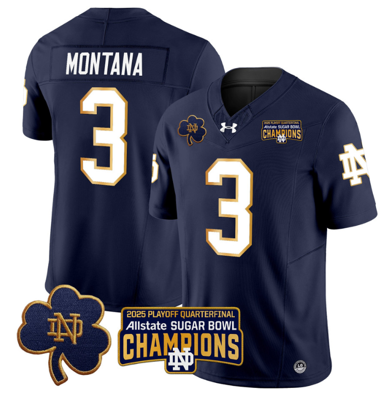 Joe Montana Jersey #3 Notre Dame 2025 Sugar Bowl Champions Patch Navy