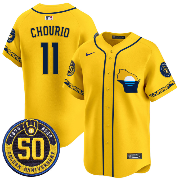 Jackson Chourio Jersey #11 Milwaukee Brewers Golden 50th Anniversary Patch Stitched Gold