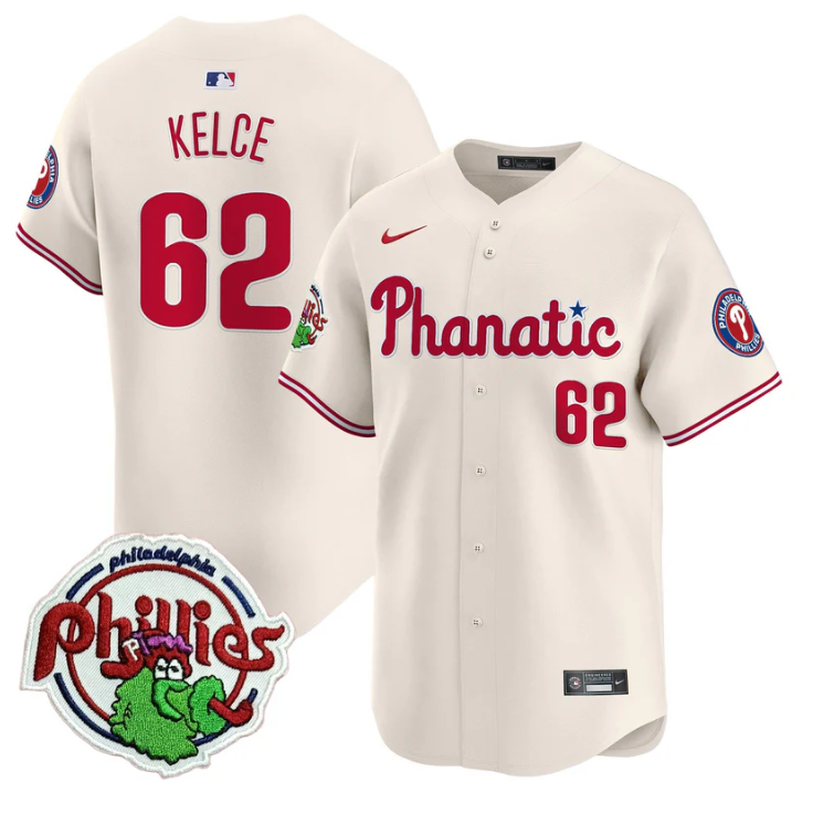 Jason Kelce Jersey #62 Phillies Phanatic Patch Vapor Premier Limited Stitched Cream