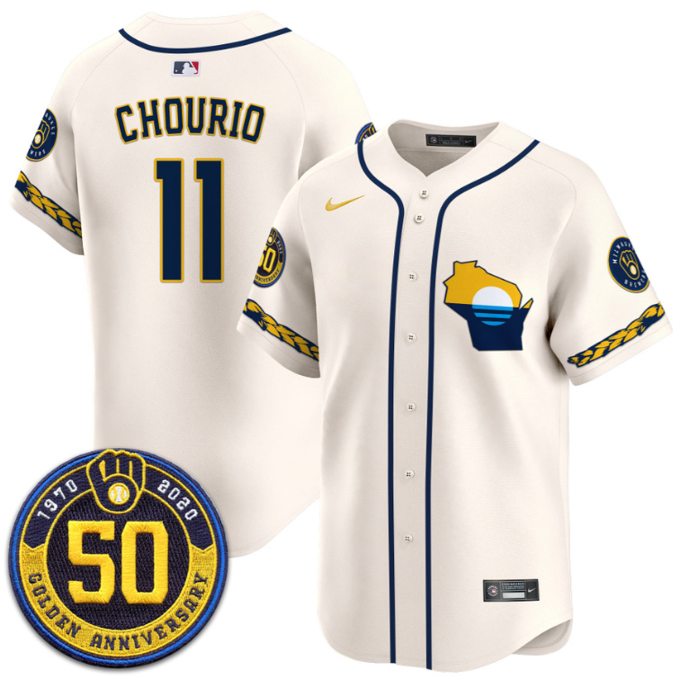 Jackson Chourio Jersey #11 Milwaukee Brewers Golden 50th Anniversary Patch Stitched Cream