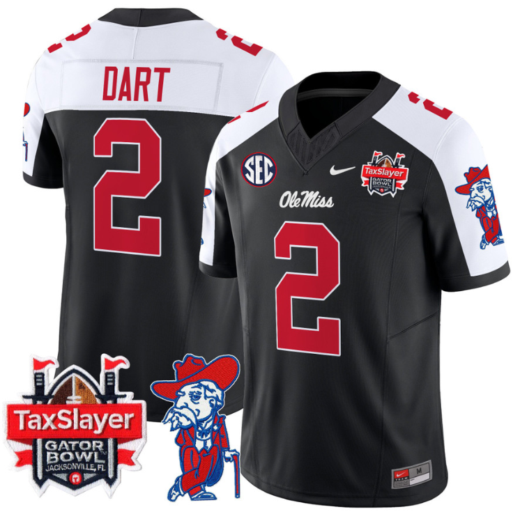 Jaxson Dart Jersey #2 Ole Miss Rebels 2025 Gator Bowl Patch Football Black Alternate