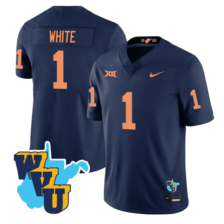 Jahiem White Jersey #1 West Virginia Mountaineers 1965-2025 Throwback Stitched Navy