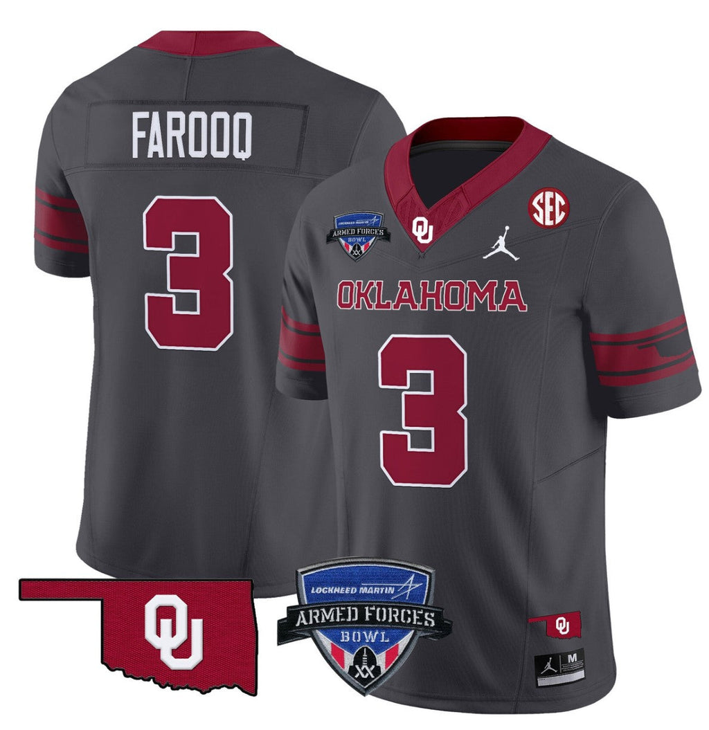 Jalil Farooq Jersey #3 Oklahoma Sooners 2025 Armed Forces Bowl Patch Anthracite