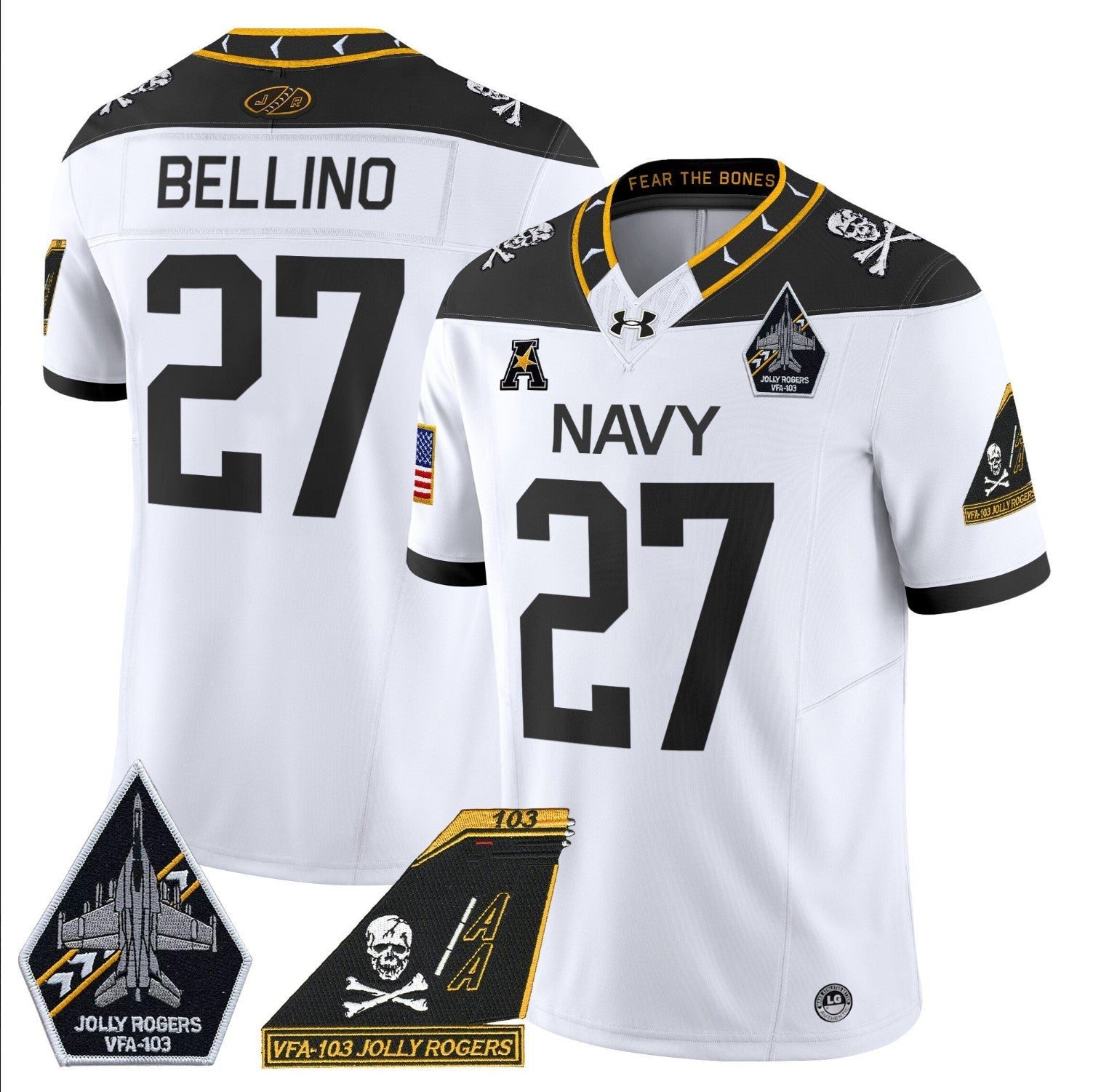 Joe Bellino Jersey #27 Navy Midshipmen 2024 Jolly Rogers Patch White