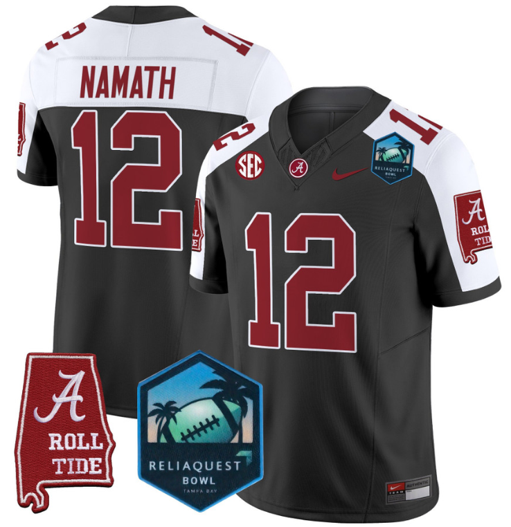 Joe Namath Jersey #12 Alabama Crimson Tide 2025 ReliaQuest Bowl Black Alternate