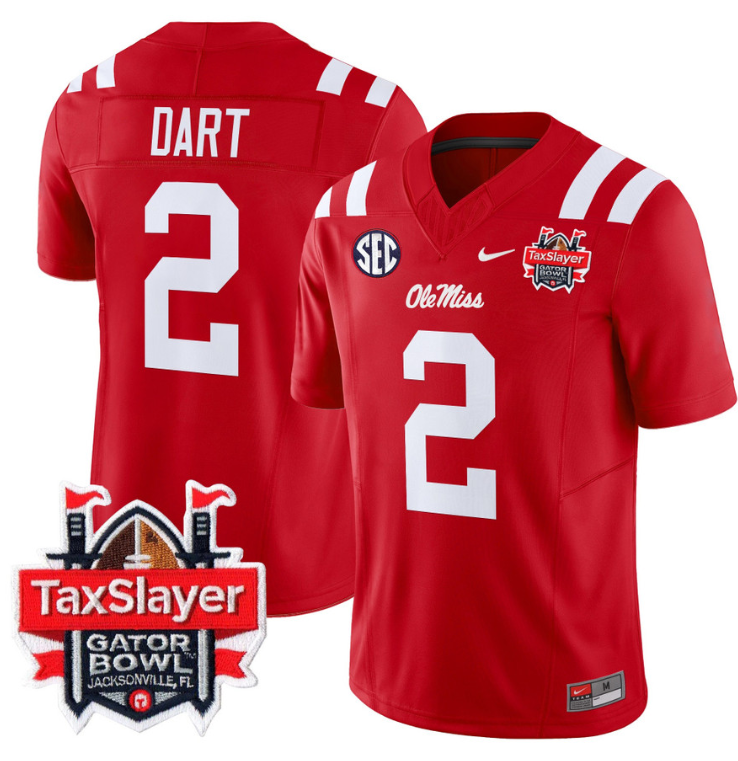 Jaxson Dart Jersey #2 Ole Miss Rebels 2024 Gator Bowl Patch V2 Red