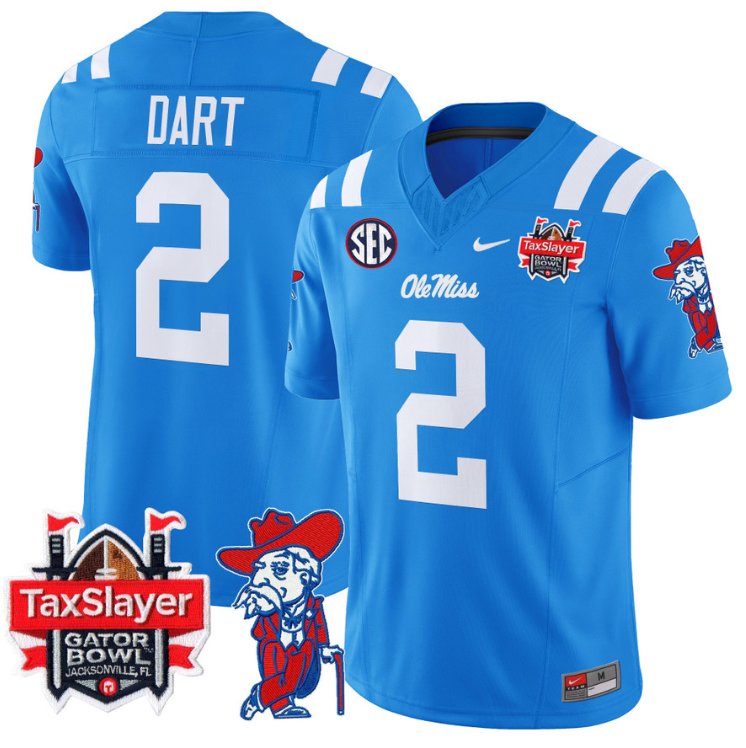 Jaxson Dart Jersey #2 Ole Miss Rebels 2025 Gator Bowl Patch Football Powder Blue