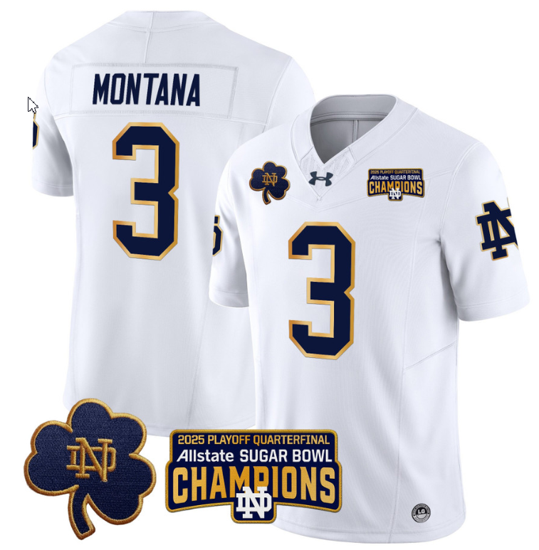 Joe Montana Jersey #3 Notre Dame 2025 Sugar Bowl Champions Patch White