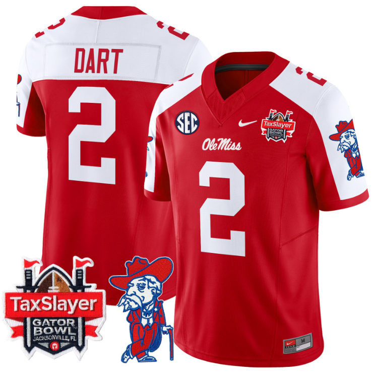 Jaxson Dart Jersey #2 Ole Miss Rebels 2025 Gator Bowl Patch Football Red Alternate