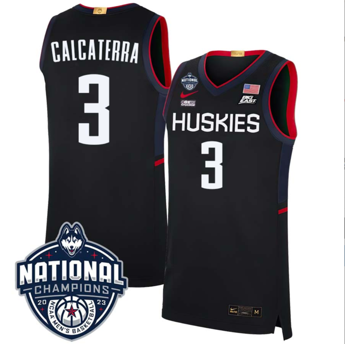 Joey Calcaterra Jersey #3 UConn Huskies 2023 National Champions College Basketball