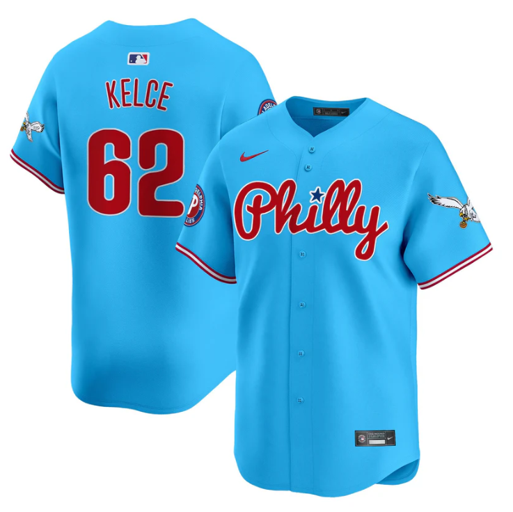 Jason Kelce Jersey #62 Phillies and Eagles Vapor Premier Limited Stitched Light Blue