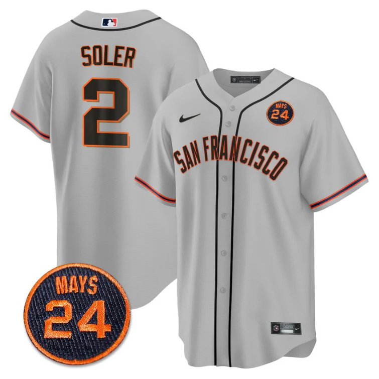 Jorge Soler Jersey #2 San Francisco Giants #24 Willie Mays Patch 2024 Vapor Premier Gray