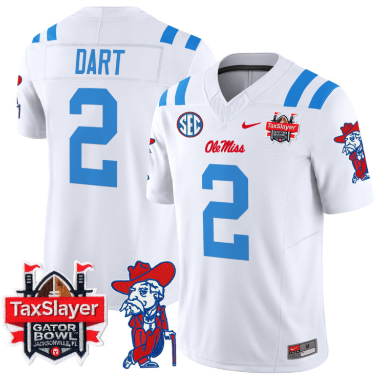 Jaxson Dart Jersey #2 Ole Miss Rebels 2025 Gator Bowl Patch Football 2024 White
