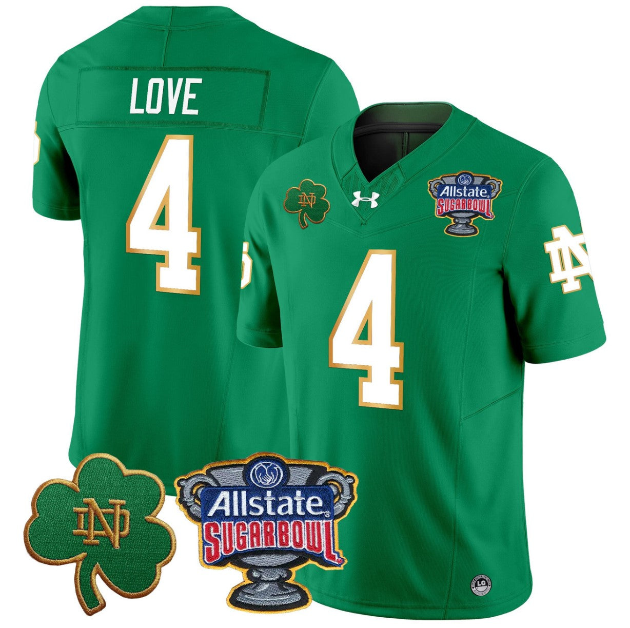 Jeremiyah Love Jersey #4 Notre Dame 2024 Sugar Bowl Patch V2 Stitched Green