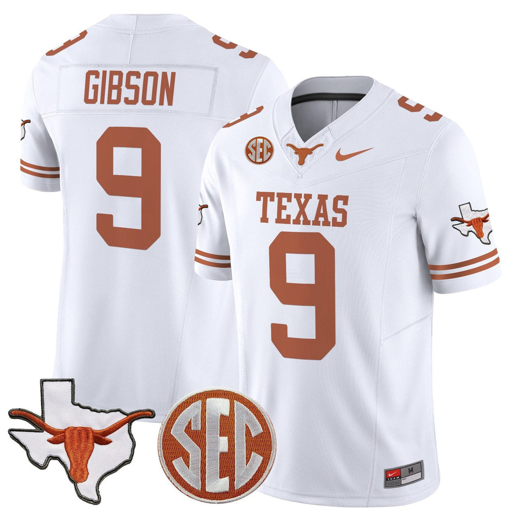 Jerrick Gibson Jersey #9 Texas Longhorns 2025 State Map SEC Patch White