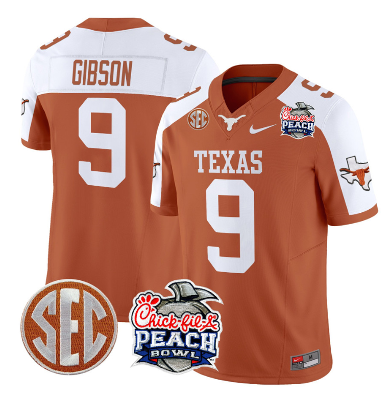 Jerrick Gibson Jersey #9 Texas Longhorns Peach Bowl Patch Vapor Orange Alternate