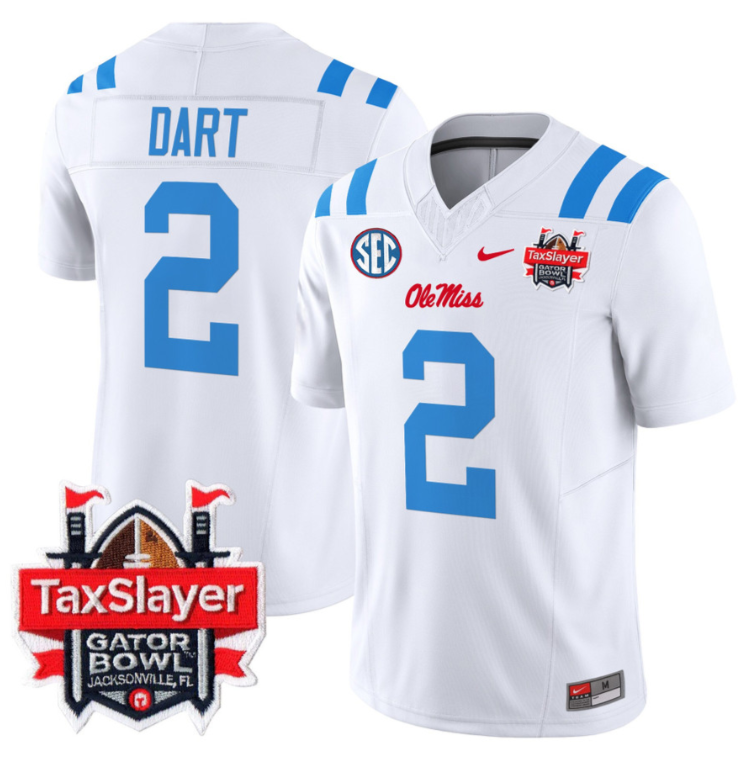 Jaxson Dart Jersey #2 Ole Miss Rebels 2024 Gator Bowl Patch V2 2024 White